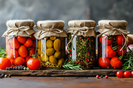 Pickled fruits and vegtables in kitchen table professional advertising food photographyの素材
