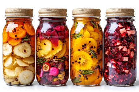 Pickled fruits and vegtables in kitchen table professional advertising food photographyの素材