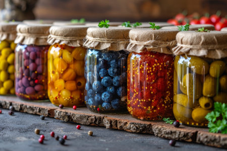 Pickled fruits and vegtables in kitchen table professional advertising food photographyの素材