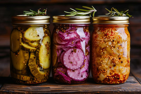 Pickled fruits and vegtables in kitchen table professional advertising food photographyの素材