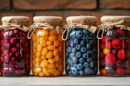Pickled fruits and vegtables in kitchen table professional advertising food photographyの素材