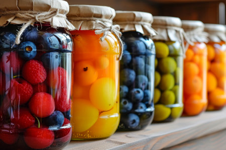 Pickled fruits and vegtables in kitchen table professional advertising food photographyの素材