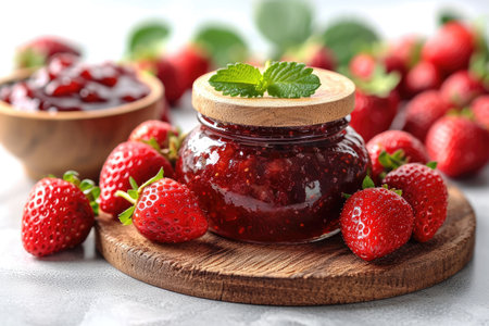 strawberry jam isolated kitchen table professional advertising food photographyの素材