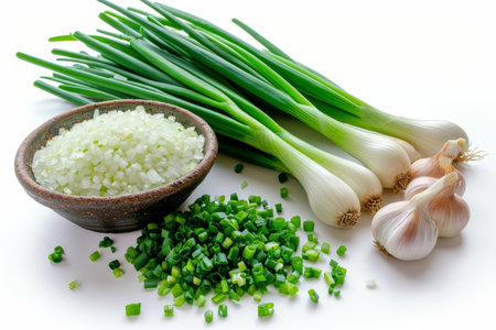 Chopped fresh green onion isolated kitchen table professional advertising food photographyの素材