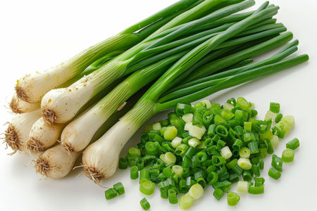 Chopped fresh green onion isolated kitchen table professional advertising food photographyの素材