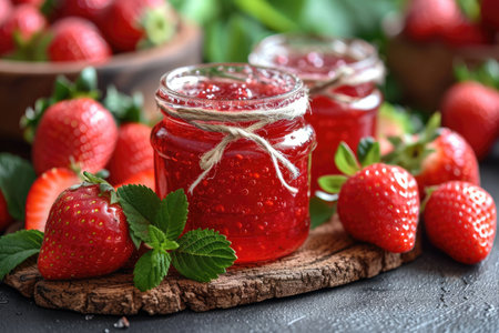 strawberry jam isolated kitchen table professional advertising food photographyの素材