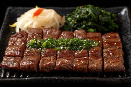 Delicious grilled meat with vegetables professional advertising food photographyの素材