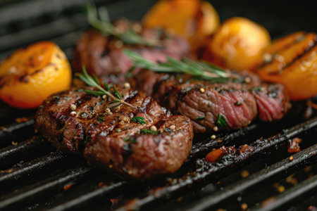 Delicious grilled meat with vegetables professional advertising food photographyの素材