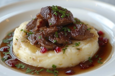 A plate of a well plated cooked Japanese dish on a table top professional advertising food photographyの素材