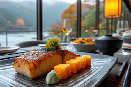 A plate of a well plated cooked Japanese dish on a table top professional advertising food photographyの素材