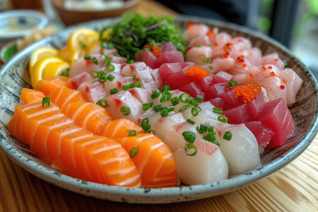 A plate of a well plated cooked Japanese dish on a table top professional advertising food photographyの素材