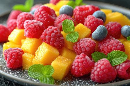 Fresh mixed fruits salad in a bowl professional advertising food photographyの素材