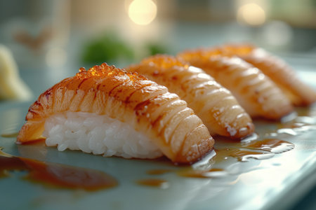 A plate of a well plated cooked Japanese dish on a table top professional advertising food photographyの素材
