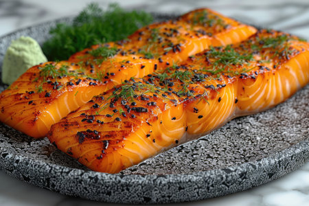 A plate of a well plated cooked Japanese dish on a table top professional advertising food photographyの素材