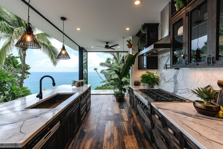 modern kitchen design with wooden flooring interior professional advertising photographyの素材