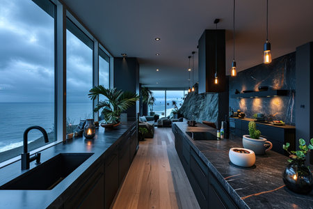 modern kitchen design with wooden flooring interior professional advertising photographyの素材