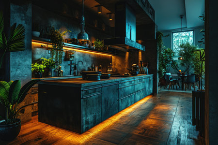 modern kitchen design with wooden flooring interior professional advertising photographyの素材