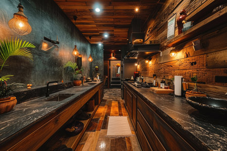 modern kitchen design with wooden flooring interior professional advertising photographyの素材