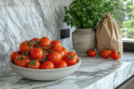 fresh produce and grocery bags sitting on top of a countertop professional advertising food photographyの素材