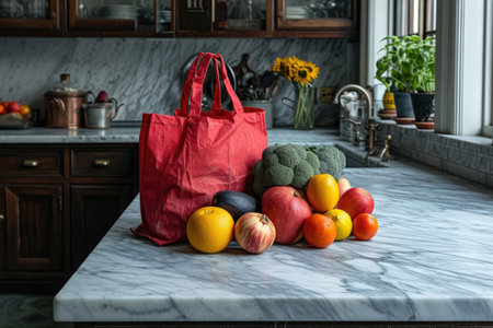 fresh produce and grocery bags sitting on top of a countertop professional advertising food photographyの素材