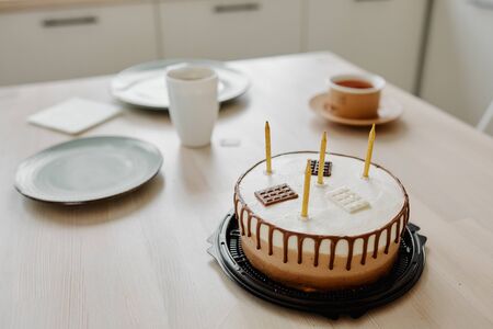 Chocolate cake on wooden tableの写真素材