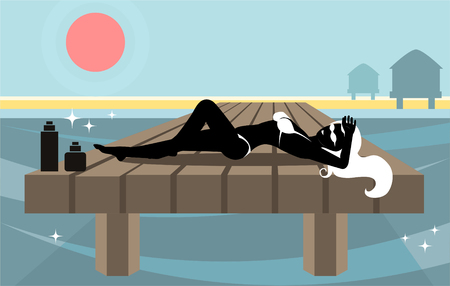Girl lying on the beach by the sea.のイラスト素材