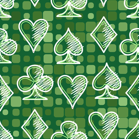 Contour symbols of playing cards on a green background. Seamless pattern.のイラスト素材
