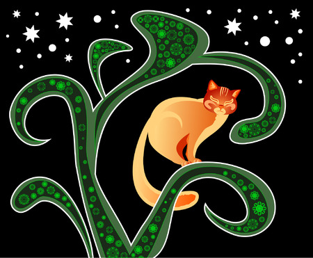 Red cat on a tree at night.のイラスト素材