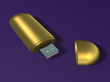 Gold USB flash card on a purple background. 3d illustrationの写真素材