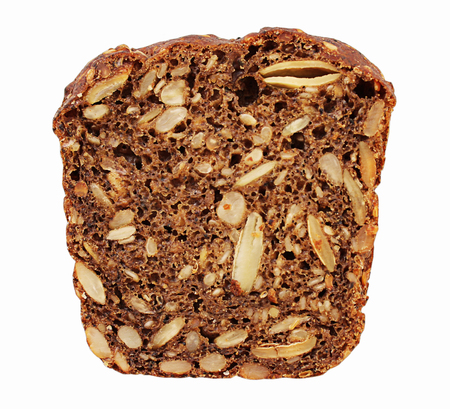 Slice of black bread isolated on white background.