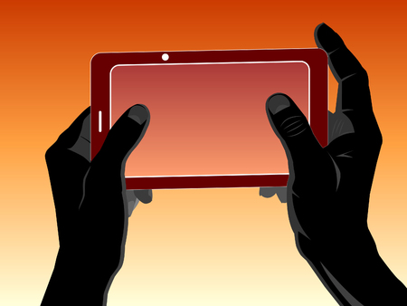 Human silhouette hands hold a mobile device. Vector illustration.のイラスト素材