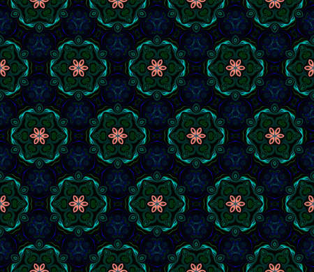 Abstract bright kaleidoscope symmetric pattern on a black background.