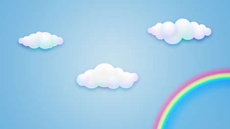 White summer clouds and rainbow on a blue background.の写真素材