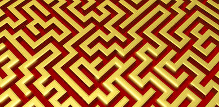 3d illustration. Golden labyrinth on a red background.の写真素材