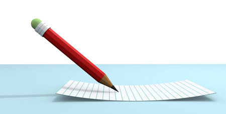 Paper sheet and red pencil on a blue background. 3d illustration.の写真素材