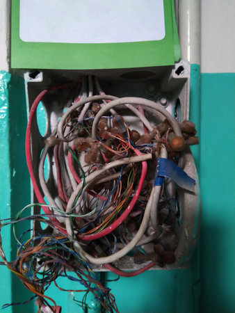 A tangled mess of wires is hanging from a wall
