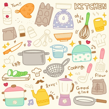 Set of Cute Kitchen Spices and Utensils Doodleのイラスト素材