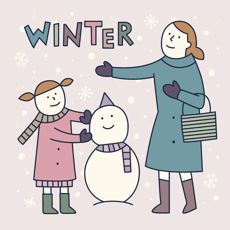 Winter Snow Illustration. Mother and Daughter Makes A Snowman. Winter Holiday. Vector Illustration.のイラスト素材