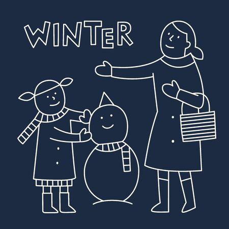Winter Snow Illustration. Mother and Daughter Makes A Snowman. Winter Holiday. Vector Illustration.のイラスト素材