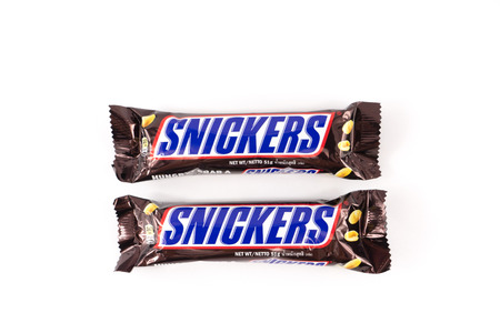 One Snickers Bar Isolated On White Backgroundのeditorial素材