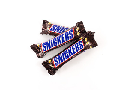 One Snickers Bar Isolated On White Backgroundのeditorial素材