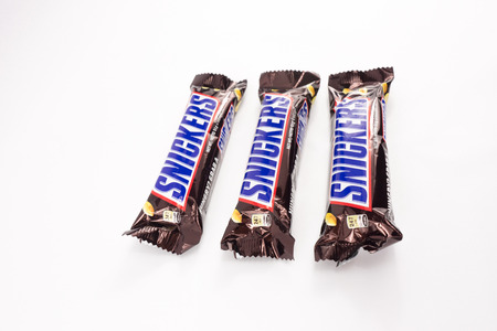 One Snickers Bar Isolated On White Backgroundのeditorial素材