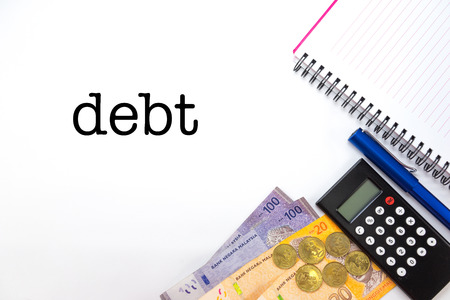 Malaysia Money with Calculator Pen and Notebook Isolated On White Backgroundの写真素材