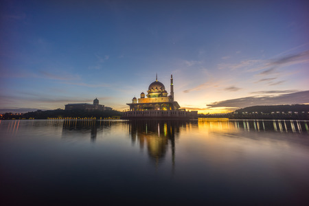 Beautiful sunrise At Putra Mosque, Putrajaya Malaysia with colorful skyのeditorial素材