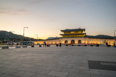 Gwanghwamun Gate, Gyeongbokgung Palace in Seoul, South Korea during sunset.のeditorial素材