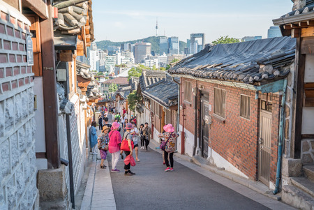Seoul, Korea - May, 2016: Traditional Korean style architecture at Bukchon Hanok Village in Seoul, South Korea.のeditorial素材