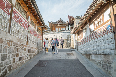 Seoul, Korea - May, 2016: Traditional Korean style architecture at Bukchon Hanok Village in Seoul, South Korea.のeditorial素材
