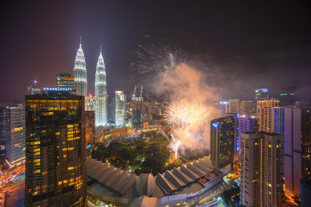 Kuala Lumpur, Malaysia - August 31, 2016: Fireworks show at Kuala Lumpur city centre during 59th Malaysia Hari Merdeka Celebration (Independence Day)のeditorial素材
