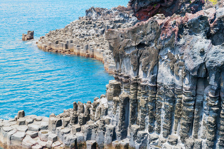 Jungmun Daepo Coast Jusangjeolli Cliff, Jeju Island, South Koreaの写真素材