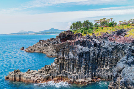 Jungmun Daepo Coast Jusangjeolli Cliff, Jeju Island, South Koreaの写真素材